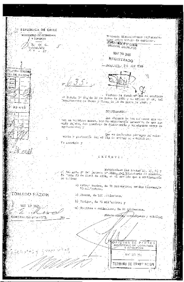 D.S. N° 635-1948 Enmienda Disposiciones Reglamentarias Sobre Tamaños de Mariscos.