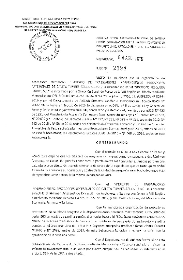 Res. Ex. N° 2398-2016 Autoriza cesión sardina común, VIII Región.