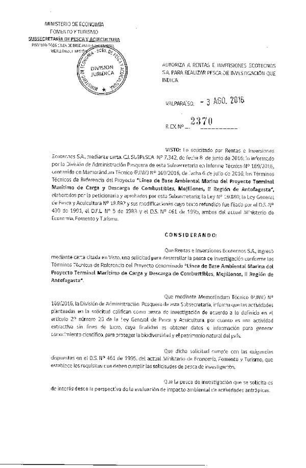 Res. Ex. N° 2370-2016 Línea de base ambiental marina, Mejillones, II Región.