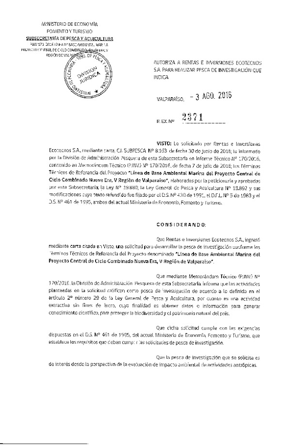 Res. Ex. N° 2371-2016 Línea de base ambiental marina, V Región.