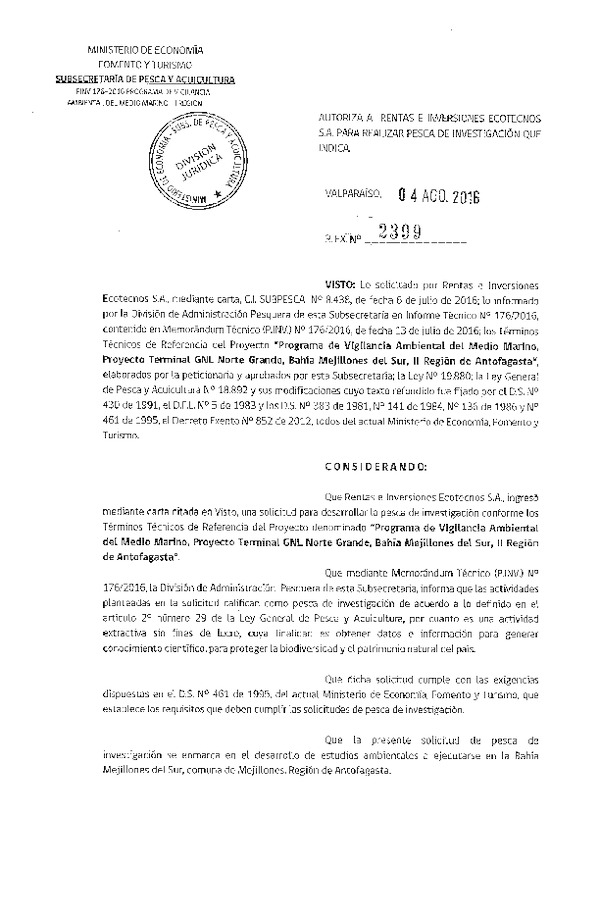 Res. Ex. N° 2399-2016 Programa de vigilancia ambiental medio marino, Bahía Mejillones del Sur, II Región.