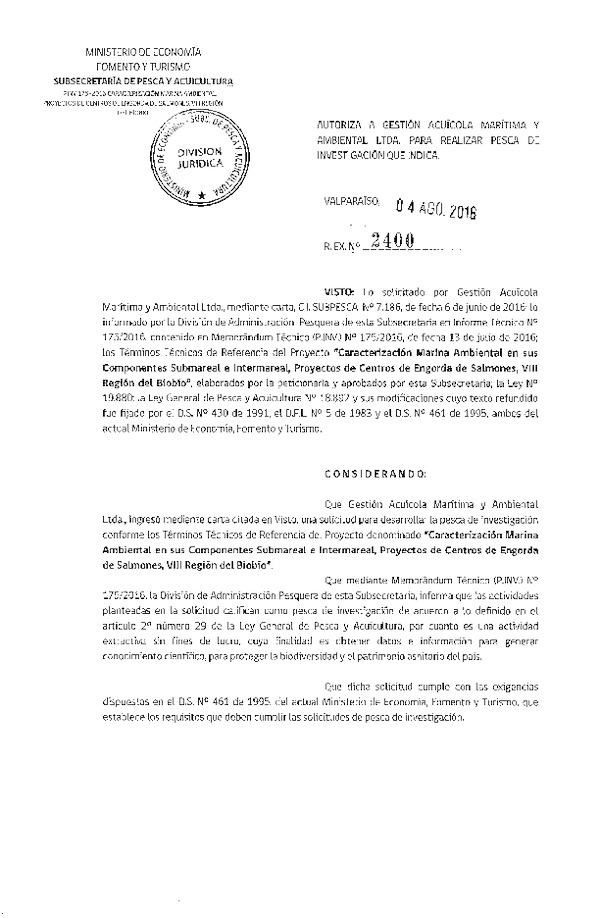 Res. Ex. N° 2400-2016 Caracterización marina ambiental, proyectos de centros de engorda de salmones, VIII Región.