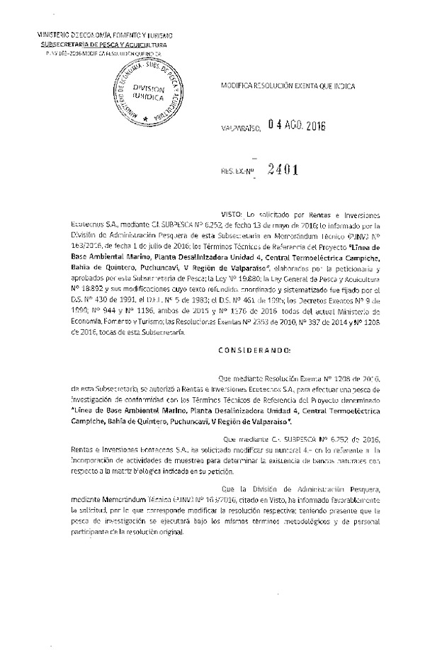 Res. Ex. N° 2401-2016 Modifica Res. EX. N° 1208-2016, Bahía de Quintero, Puchuncaví, V Región.