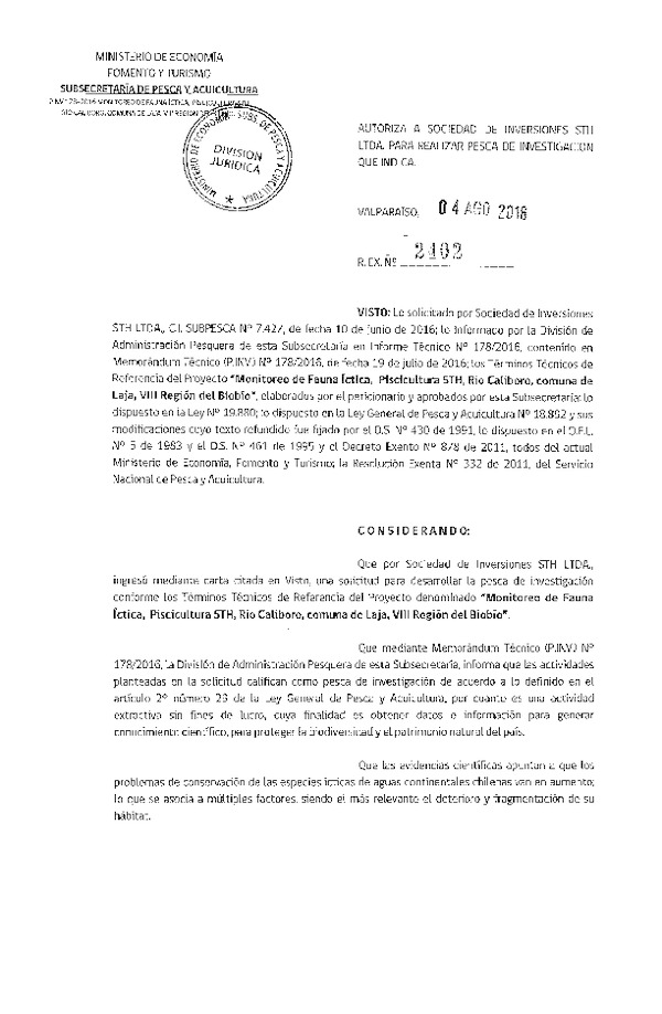 Res. Ex. N° 2402-2016 Monitoreo de fauna íctica Piscicultura STH, Río Caliboro, comuna de Laja, VIII Región.