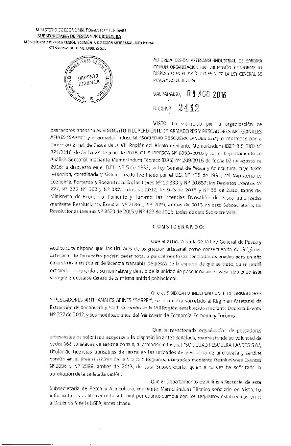 Res. Ex. N° 2412-2016 Autoriza cesión sardina común, VIII Región.
