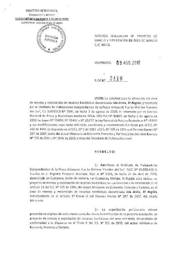 Res. Ex. N° 2419-2016 PROYECTO DE MANEJO.