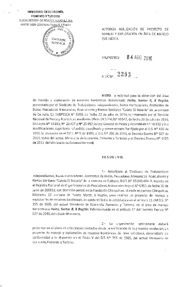 Res. Ex. N° 2393-2016 PROYECTO DE MANEJO.