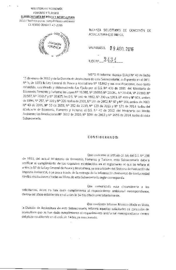 Res. Ex. N° 2434-2016 Rechaza Solicitudes de Concesión de Acuicultura.