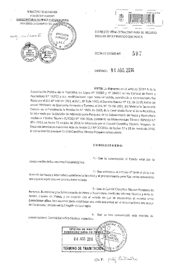 Dec. Ex. N° 597-2016 Establece Veda Extractiva para el Recurso Erizo Sector Carelmapu, X Región. (Publicado en Página Web 10-08-2016)