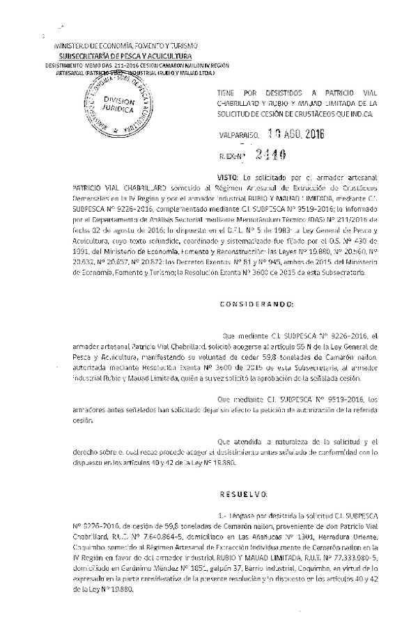 Res. Ex. N° 2440-2016 Tiene por desistidos a la solicitud de cesión de crústaceos que indica.