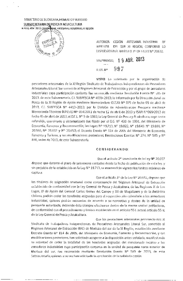 Res. Ex. N° 997-2013 Autoriza Cesión Recurso Merluza del Sur, XI Región.
