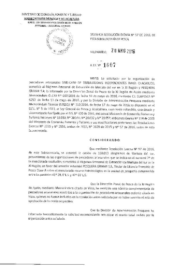 Res. Ex. N° 1607-2016 Modifica Res. Ex. N° 57-2016 Autoriza cesión Merluza del sur, XI Región.