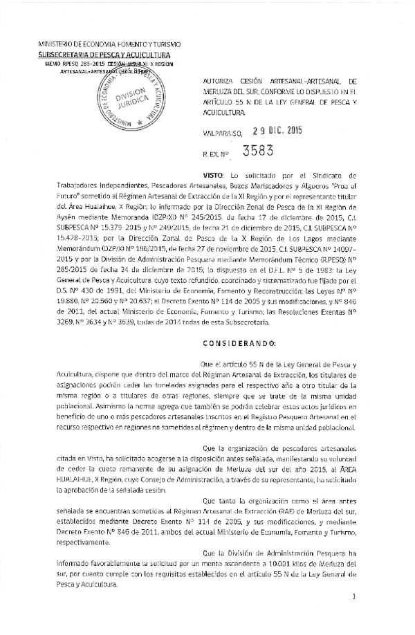 Res. Ex. N° 3583-2015 Autoriza Cesión Recurso Merluza del sur XI Región.