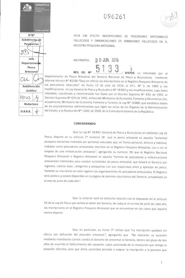 Res. Ex. N° 5133-2016 Deja sin Efecto Inscripciones de Pescadores Artesanales Fallecidos y Embarcaciones de Armadores Fallecidos en el Registro Pesquero Artesanal. (Sernapesca) (F.D.O. 12-08-2016)