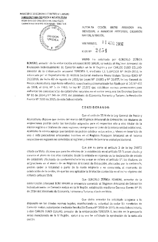 Res. Ex. N° 2454-2016 Autoriza Cesión Individual Camarón Nailon, IV Región.