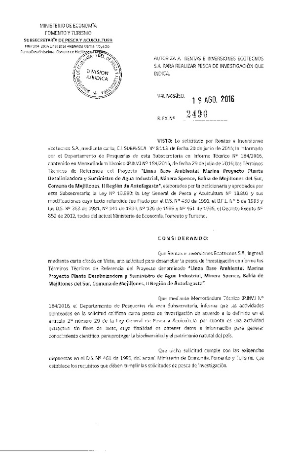 Res. Ex. N° 2490-2016 Línea base ambienatl marina planta desalinizadora y suministro de agua industrial, II Región.