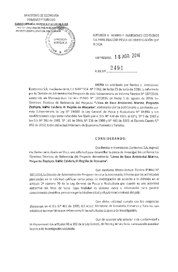 Res. Ex. N° 2491-2016 Línea base ambiental marina proyecto Zephyra, Bahía Caldera, III Región.