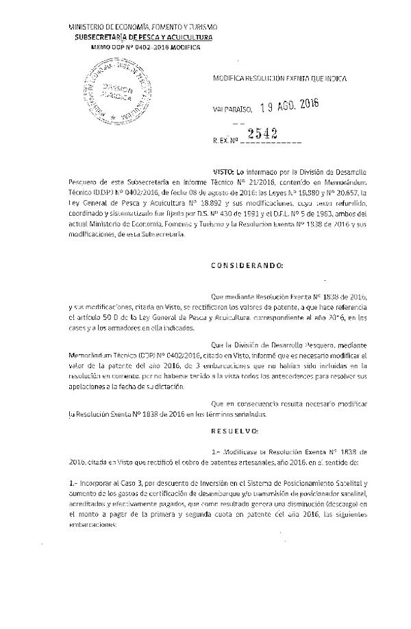 Res. Ex. N° 2542-2016 Modifica Res. Ex. N° 1838-2016 Que Rectificó el Cobro de Patentes Artesanales, XIV Región, Año 2016.