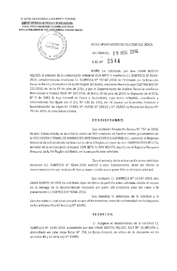 REs. EX. N° 2544-2016 Acoge de desistimiento de solicitud que Indica.