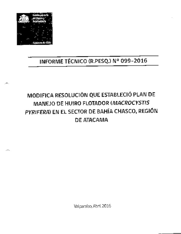 Informe Técnico (Rpesq) N°099-2016 Plan de Manejo Huiro Flotador, Bahía Chasco.
