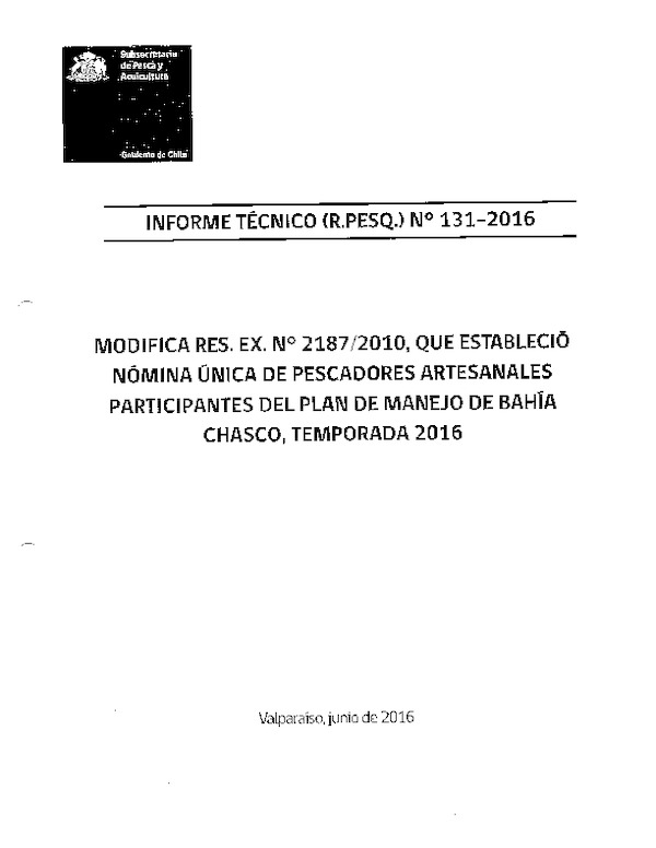 Informe Técnico (R. Pesq.) N° 131-2016 Modifica Res. Ex. N° 2187-2010.