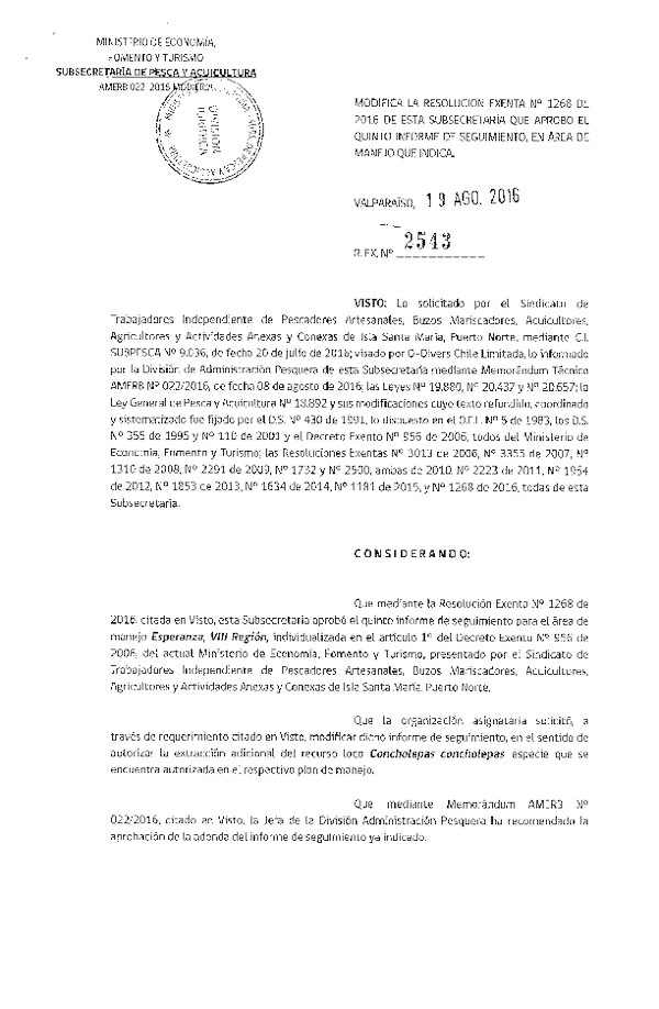 Res. Ex. N° 2543-2016 MODIFICA Res. Ex. N° 1268-2016.