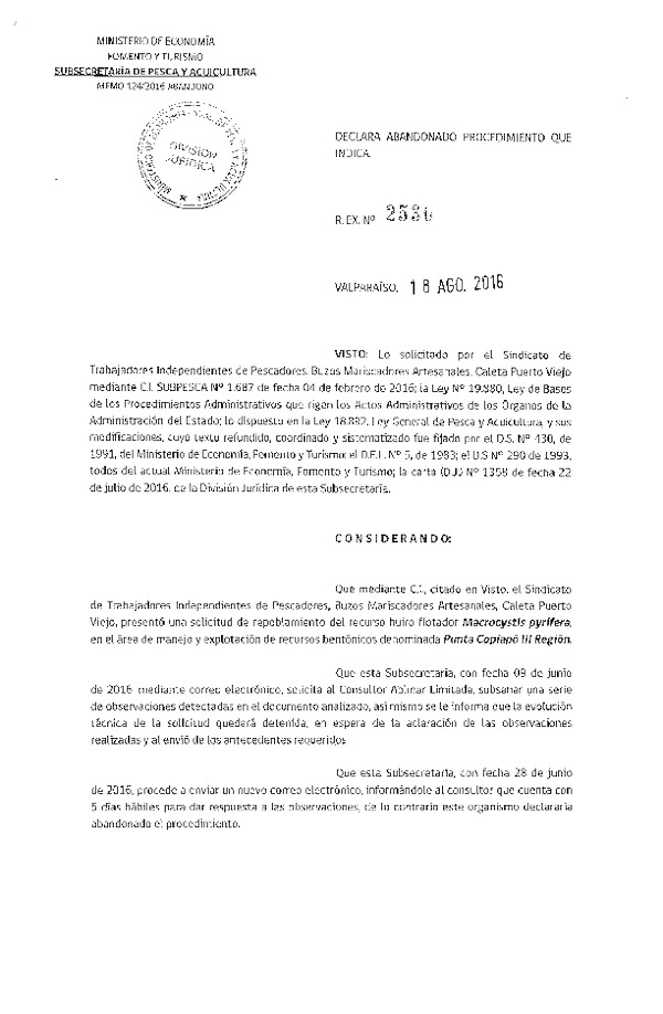 Res. Ex. N° 2530-2016 DECLARA ABANDONADO PROCEDIMIENTO QUE INDICA.