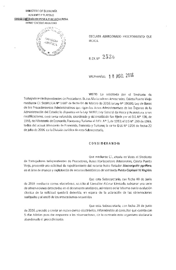 Res. Ex. N° 2530-2016 DECLARA ABANDONADO PROCEDIMIENTO QUE INDICA.