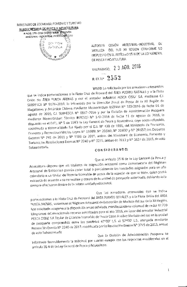 Res. Ex. N° 2552-2016 Autoriza cesión Merluza del sur XII Región.