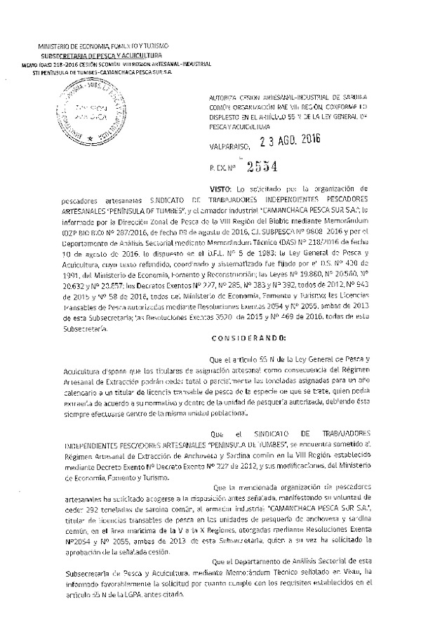 Res. Ex. N° 2554-2016 Autoriza cesión Sardina común VIII Región.