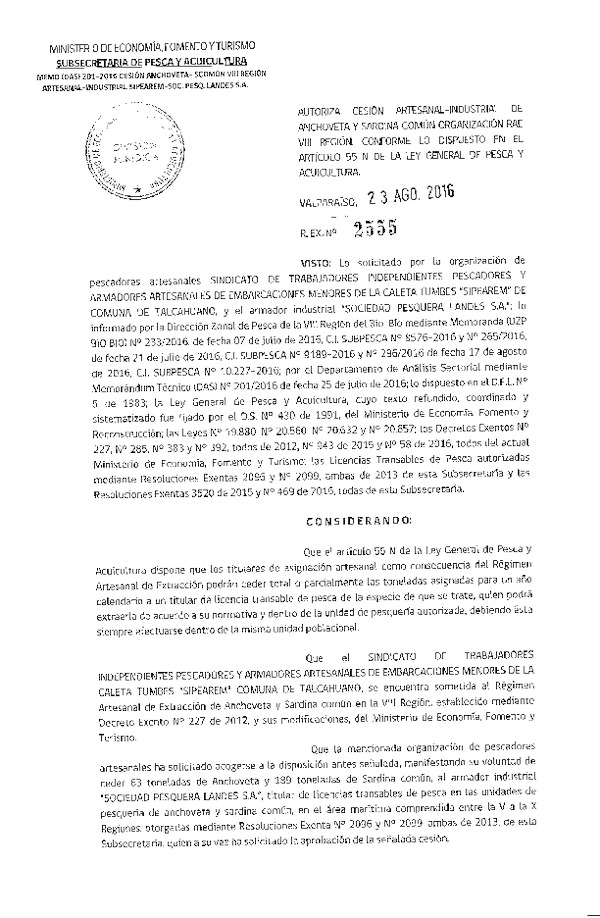 Res. Ex. N° 2555-2016 Autoriza cesión Anchoveta y Sardina común VIII Región.