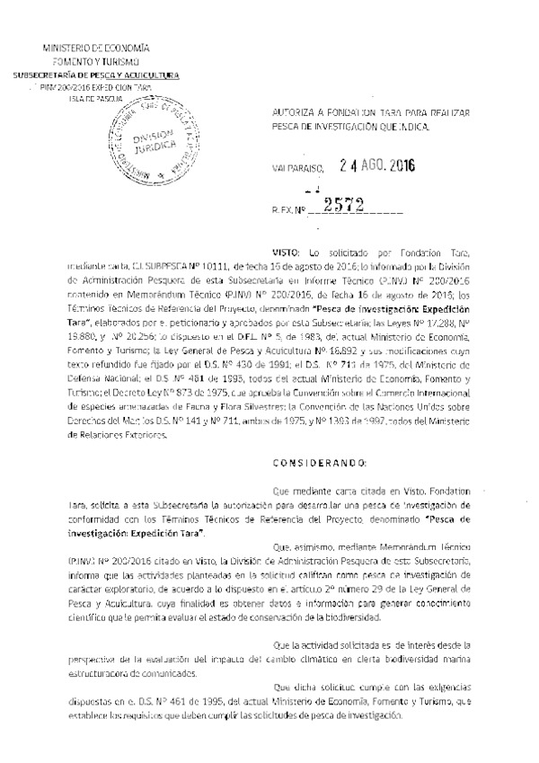 Res. Ex. N° 2572-2016 Pesca de Investigación Expedición Tara.