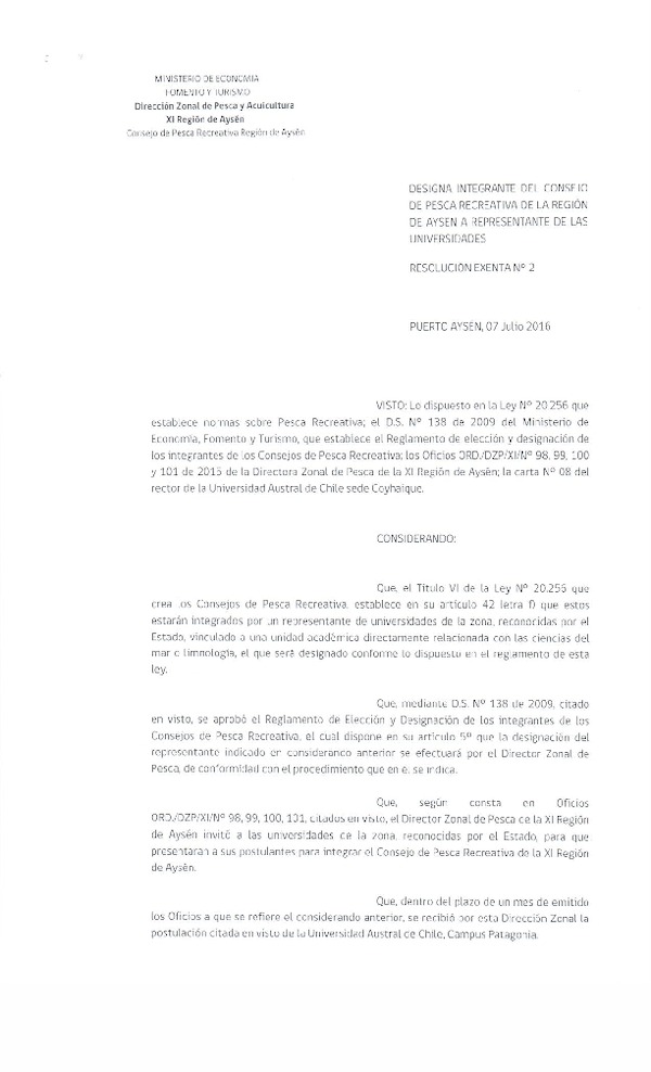 Res. Ex. N° 2-2016 Designa Integrantes del Consejo de Pesca Recreativa de la Región de Aysén a Representante de las Universidades.