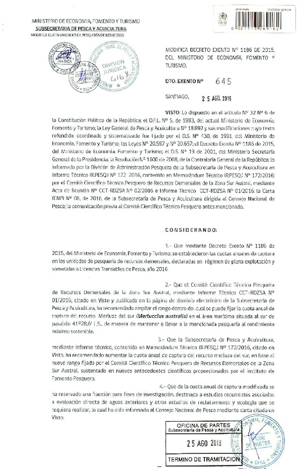 Dec. Ex. N° 645-2016 Modifica Dec. Ex. N° 1186-2015 Que Estableció Cuotas Anuales de Captura de Unidades de Pesquería de Recursos Demersales, Merluza común, Merluza del sur, Congrio dorado y Merluza de tres aletas, Sometidas a Licencias Transables de Pesca, Año 2016. (Publicado en Página Web 26-08-2016)