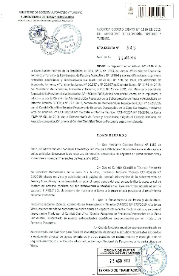 Dec. Ex. N° 645-2016 Modifica Dec. Ex. N° 1186-2015 Que Estableció Cuotas Anuales de Captura de Unidades de Pesquería de Recursos Demersales, Merluza común, Merluza del sur, Congrio dorado y Merluza de tres aletas, Sometidas a Licencias Transables de Pesca, Año 2016. (Publicado en Página Web 26-08-2016)