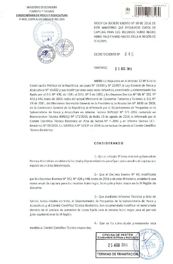 Dec. Ex. N° 646-2016 Modifica Dec. Ex. N° 68-2016 Establece Cuota de Captura Recursos Huiro negro, Huiro palo y Huiro macro en la III Región de Atacama. (Publicado en Página Web 26-08-2016)