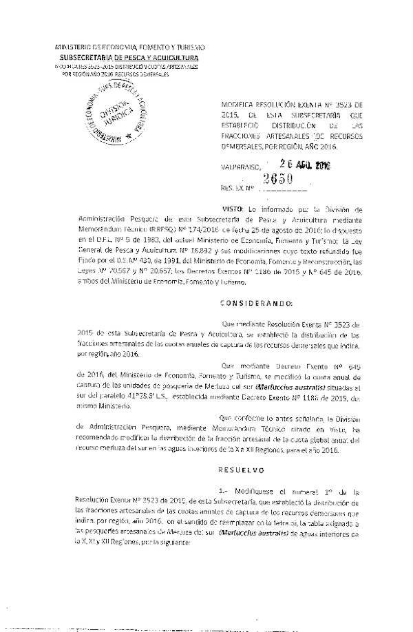 Res. Ex. N° 2650-2016 Modifica Res. Ex. N° 3523-2015 Establece Distribución de las Fracciones Artesanales de las Cuotas Anuales de Captura por Región de Recursos Demersales IV-X Regiones, Año 2016. (Publicado en Página Web 29-08-2016)