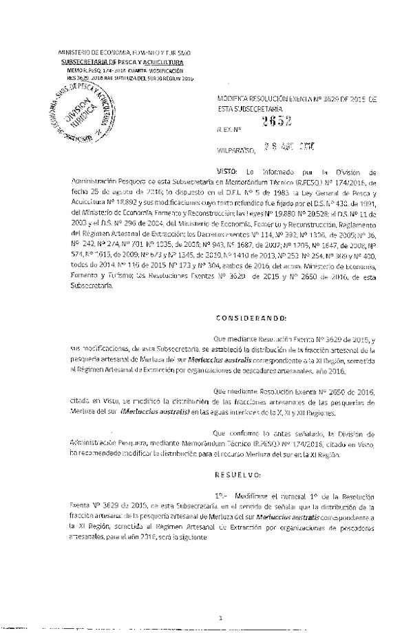 Res. Ex. N° 2652-2016 Modifica Res. Ex. N° 3629-2015 Distribución de la Fracción Artesanal de Pesquería de Merluza del Sur por Área, XI Región, año 2016. (Publicado en Página Web 29-08-2016)