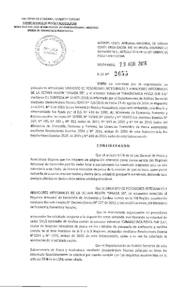 Res. Ex. N° 2655-2016 Autoriza cesión Sardina común VIII Región.
