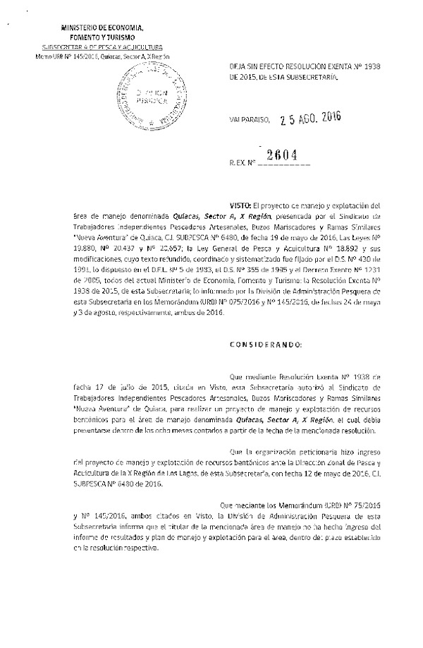 Res. Ex. N° 2604-2016 DEJA SIN EFECTO Res. Ex. N° 1938-2015.