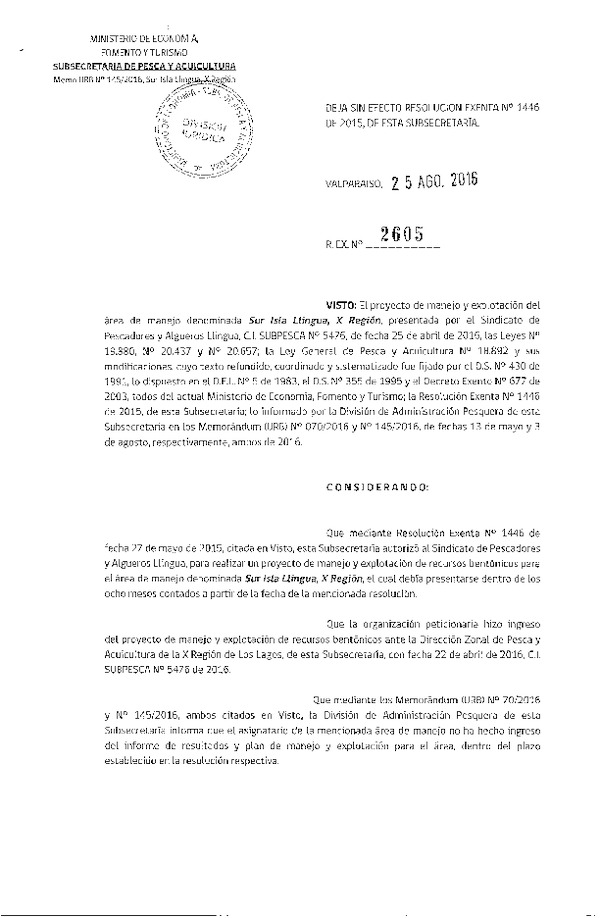 Res. Ex. N° 2605-2016 DEJA SIN EFECTO Res. Ex. N° 1446-2015.