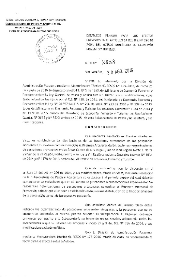 Res. Ex. N° 2658-2016 Establece Período para los Efectos Previstos en el Artículo 14 del D.S. N° 296-2004. (Publicado en Página Web 31-08-2016)