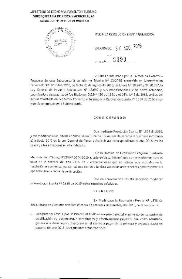 Res. Ex. N° 2690-2016 Modifica Res. Ex. N° 1838-2016 Que Rectificó el Cobro de Patentes Artesanales, Año 2016.