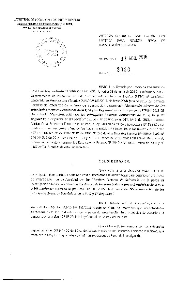 Res. Ex. N° 2696-2016 Evaluación directa de los principales recursos bentónicos de la V, VI y VII Regiones.