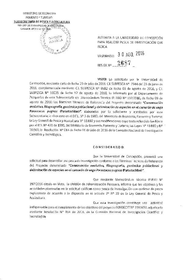 Res. Ex. N° 2687-2016 Conservación evolutiva, filogeografía, genómica poblacional y delimitación de especies en el camarón de vega.