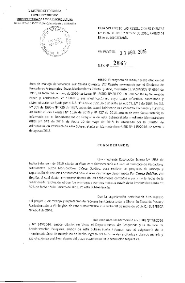 Res. Ex. N° 2667-2016 DEJA SIN EFECTO Res. Ex. N° 1536-2015 y N° 527-2016.