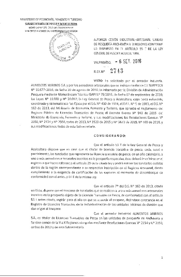 Res. Ex. N° 2743-2016 Autoriza cesión Anchoveta VIII Región.