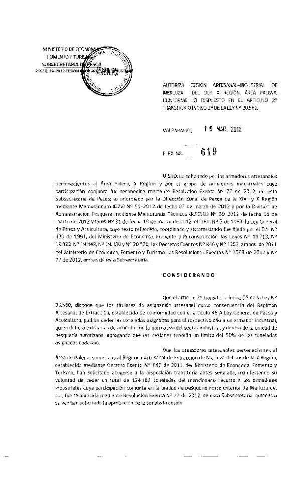 Res. Ex. N° 619-2012 Autoriza cesión Merluza del sur X Región.
