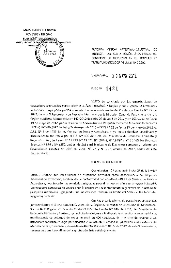 Res. Ex. N° 1431-2012 Autoriza cesión Merluza del sur X Región.