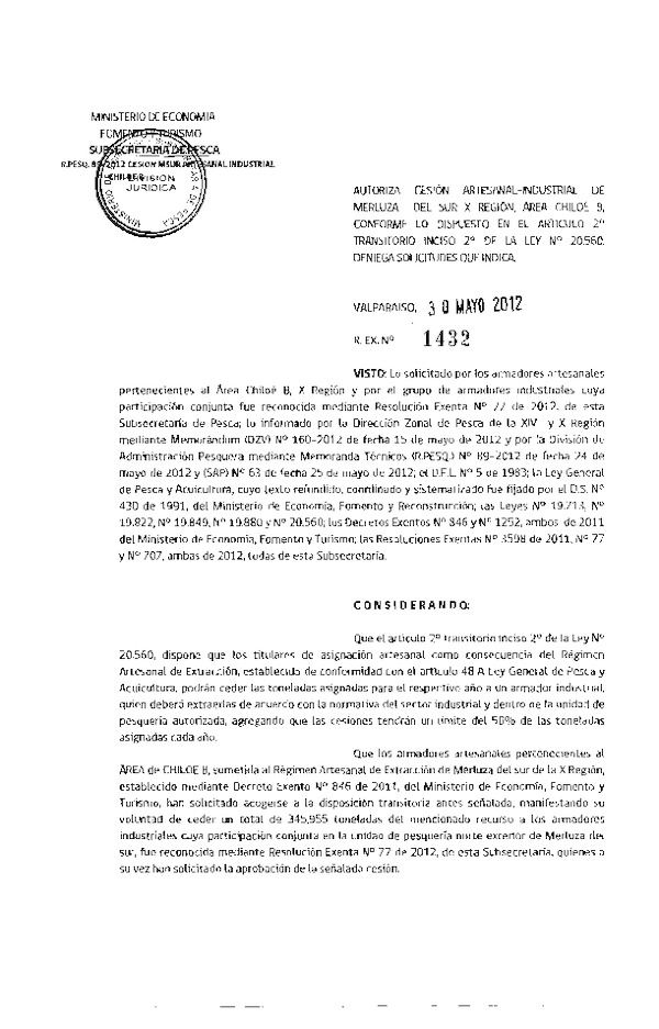 Res. Ex. N° 1432-2012 Autoriza cesión Merluza del sur X Región.